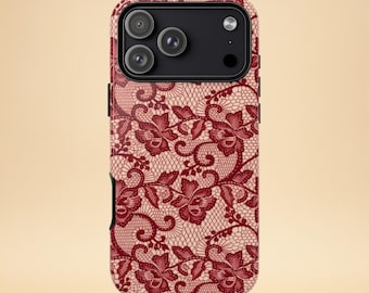 Red Lace Phone Case – Romantic Floral Design – iPhone & Samsung – Gift for Her + Free Wallpaper