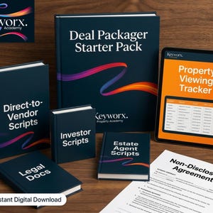 May include: A selection of navy blue books and a tablet featuring the Keyworx Property Academy logo. Titles include "Deal Packager Starter Pack", "Direct-to-Vendor Scripts", "Investor Scripts", "Estate Agent Scripts", and "Legal Docs". A "Property Viewing Tracker" is displayed on the tablet.