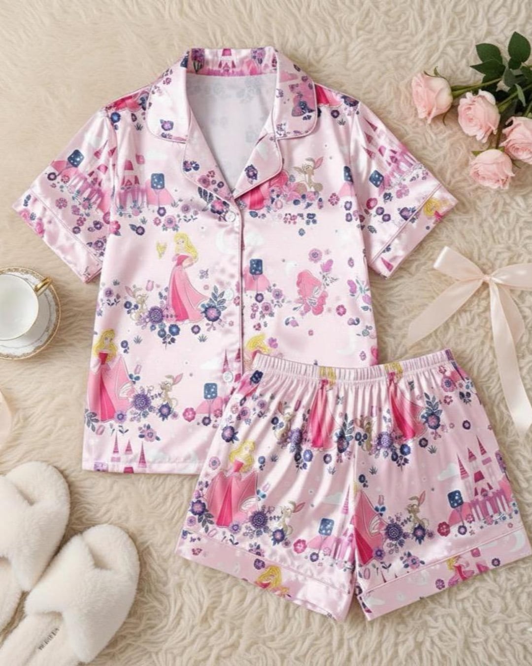 Pink Princess Pyjamas Princess Satin Pajama Set, Pink Sleeping Beauty Sleepwear, Disney Fan ...