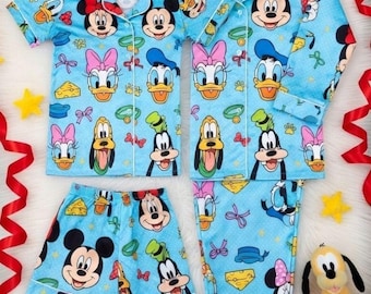 Mickey Mouse Pajamas Set Women Short Sleeve Satin: Blue Cartoon Friends Print Cute Disney Lounge Sleepwear