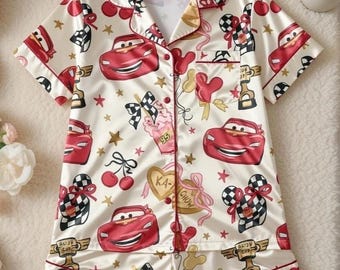 Lightning McQueen Satin Pajama Set, Disney Cars Pajamas, Cute Cars Cartoon Sleepwear, Gift for Her