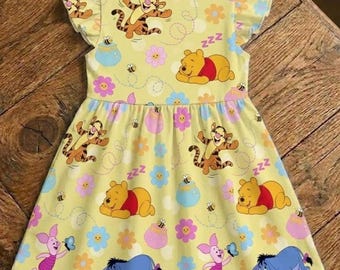 Winnie the Pooh Characters Yellow Dress, Summer Outfit, Kids Polyester Clothing