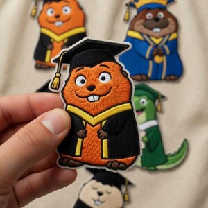 May include: Embroidered patches of cartoon animals in graduation attire. The patches include beavers and a lizard, in orange, brown, green, and blue, with black gowns and mortarboards. One beaver holds a scroll. Patches on a beige tote bag.