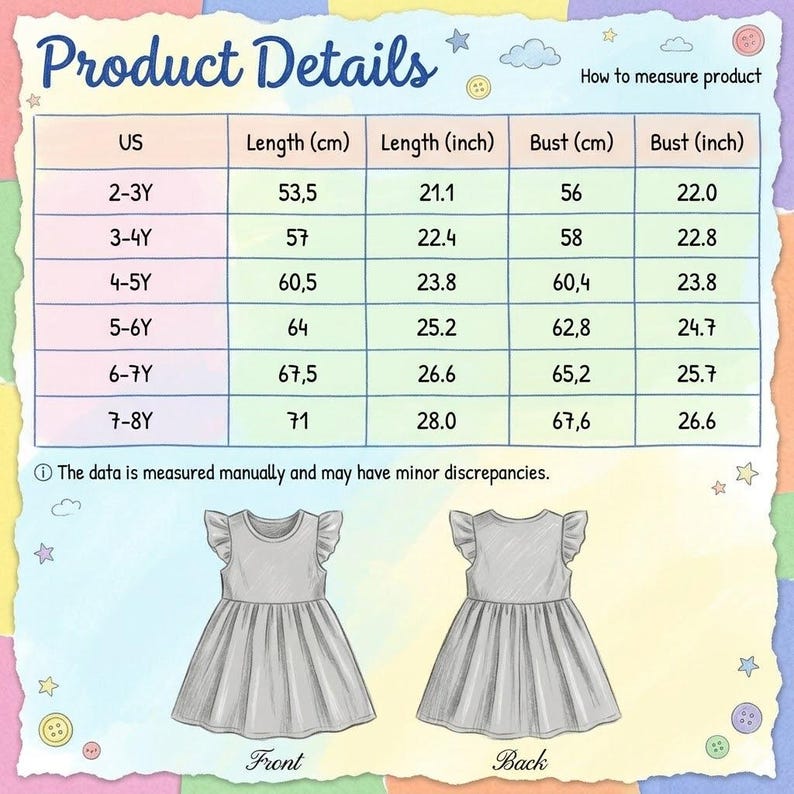 May include: A product details chart for a child's dress, with measurements in inches and centimeters. The chart includes bust and length measurements for sizes 2-3Y to 7-8Y. A front and back illustration of the dress is shown below the chart.