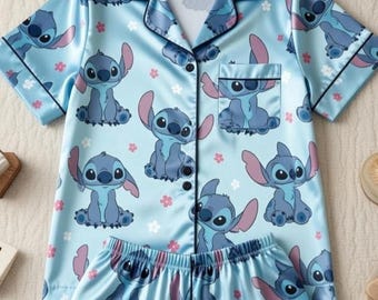 Stitch Satin Pajama Set, Blue Stitch Short Pajamas, Cute Disney Stitch Sleepwear, Short Sleeve Satin PJs, Gift for Her