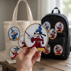 May include: A round embroidered patch featuring Goofy in a wizard costume, holding a wand. A cream tote bag and a black backpack are visible, each adorned with similar character patches. The patches have a gold border.