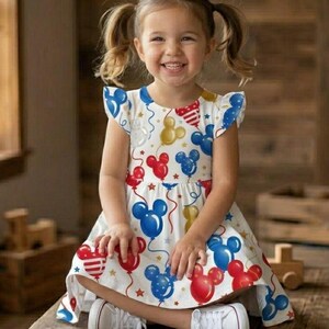May include: A young girl smiles while wearing a white dress adorned with Mickey Mouse balloon graphics in red, blue, and yellow. The dress has flutter sleeves and is paired with white sneakers. The background is a wooden surface.