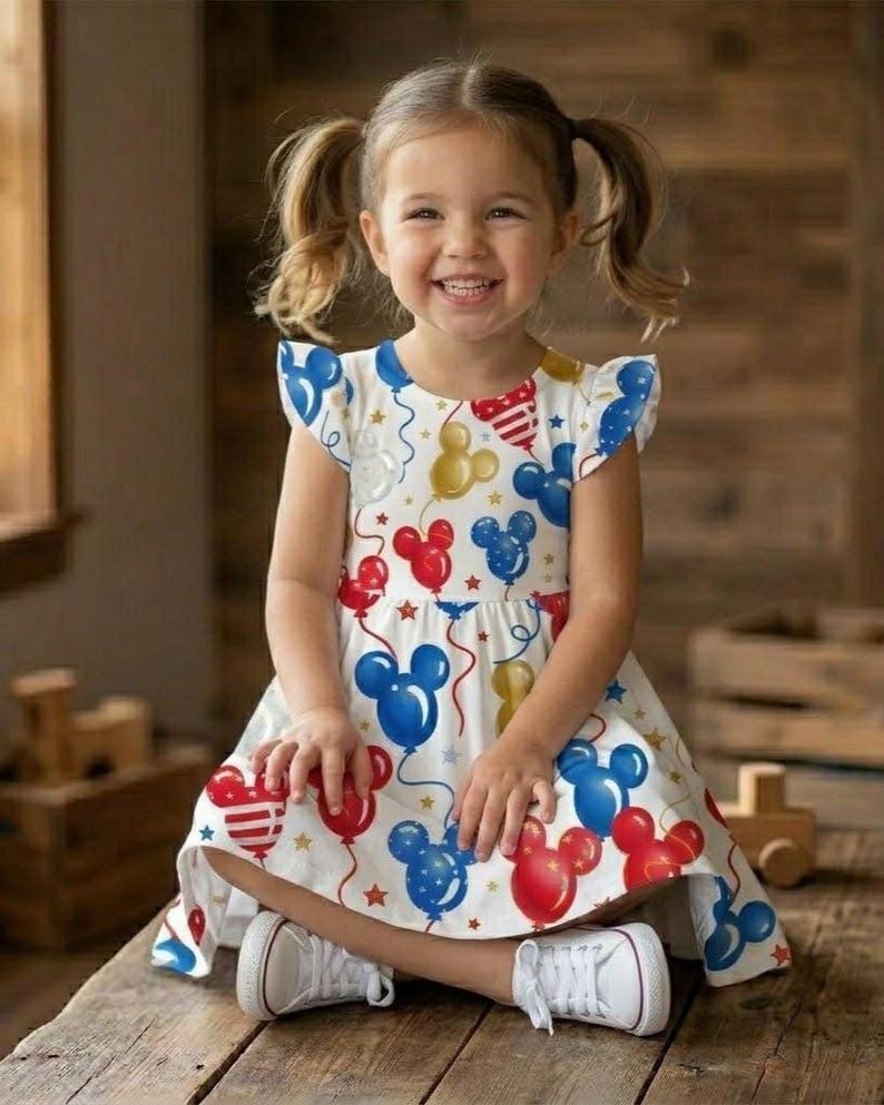 May include: A young girl smiles while wearing a white dress adorned with Mickey Mouse balloon graphics in red, blue, and yellow. The dress has flutter sleeves and is paired with white sneakers. The background is a wooden surface.