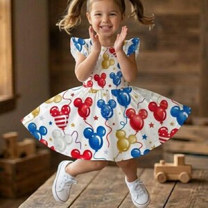 May include: A young girl wearing a white dress with a colorful Mickey Mouse balloon pattern. The dress features red, blue, and yellow balloons, along with stars. She is wearing white sneakers and has her hair in pigtails.