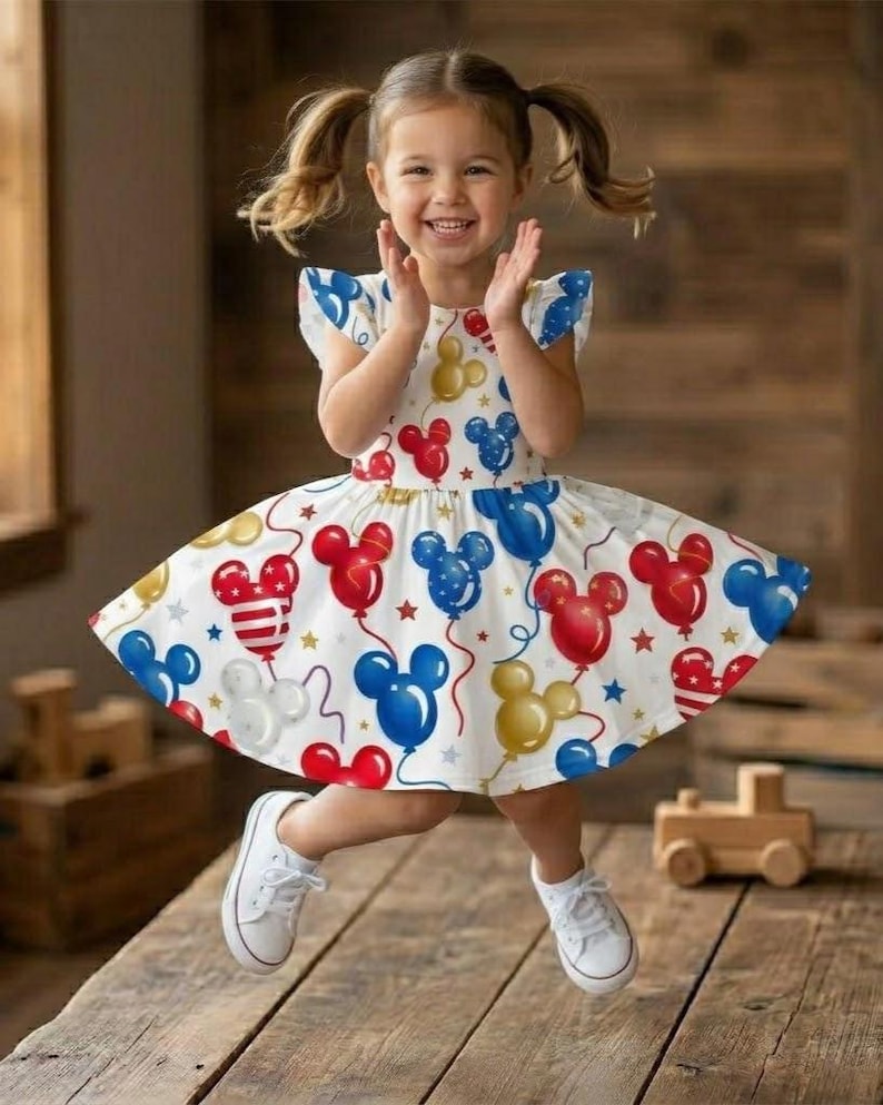 May include: A young girl wearing a white dress with a colorful Mickey Mouse balloon pattern. The dress features red, blue, and yellow balloons, along with stars. She is wearing white sneakers and has her hair in pigtails.