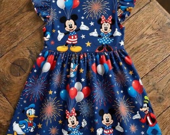 Deteilzeit Disney Kleid, Fourth of Jully Micky & Minnie Maus Outfit, Feuerwerk Sommer Rüschen Kleid, Kinderkleidung zum Unabhängigkeitstag