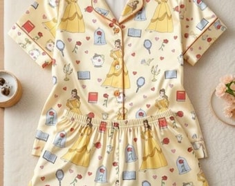 Belle Princess Pajama Set, Beauty and the Beast Sleepwear, Yellow Short Sleeve PJs