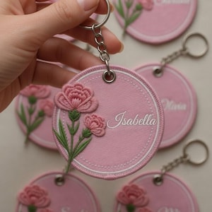 Custom Name Keychain, Pink Carnation Floral Keyring, Personalized Embroidered Name Tag, Flower Accessories for Bags