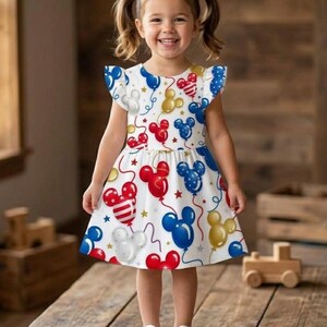 May include: A white dress with a Mickey Mouse balloon pattern in red, blue, and yellow. The dress has ruffled sleeves and is worn with white sneakers. The girl is smiling.