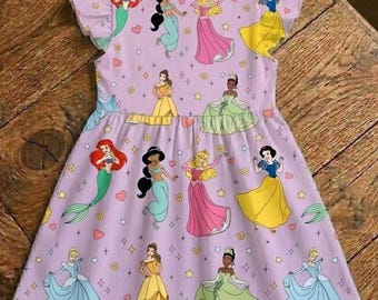 Youth Enchanted Princess Dress, Fairy Tale Character Print Summer Flutter Sleeve Dress for Theme Parks, Birthday Parties Vacation