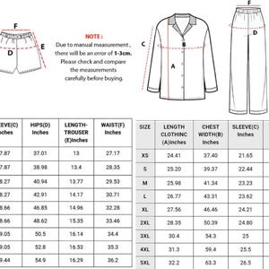 May include: Diagram of a pajama set with measurements in inches. The image includes a short-sleeve shirt and shorts, and a long-sleeve shirt and pants. A size chart is also included.