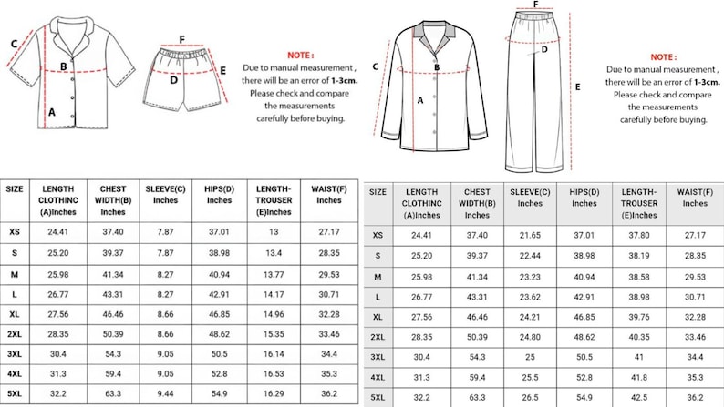 May include: Diagram of a pajama set with measurements in inches. The image includes a short-sleeve shirt and shorts, and a long-sleeve shirt and pants. A size chart is also included.