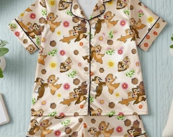 Chip and Dale Satin Pajama Set, Cute Chip & Dale Cartoon Pajamas, Disney Loungewear, Gift for Her