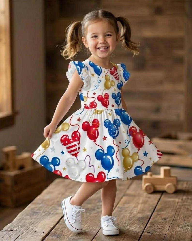 May include: A young girl wearing a white dress adorned with colorful Mickey Mouse balloon designs. The dress features red, blue, and yellow balloons, along with gold stars. She is also wearing white sneakers.