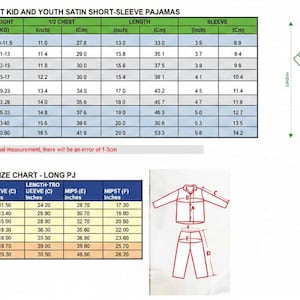 May include: Size charts for kids' satin short-sleeve pajamas and long pajamas. The charts include measurements in inches for length, chest width, sleeve, and waist, along with age and weight ranges.