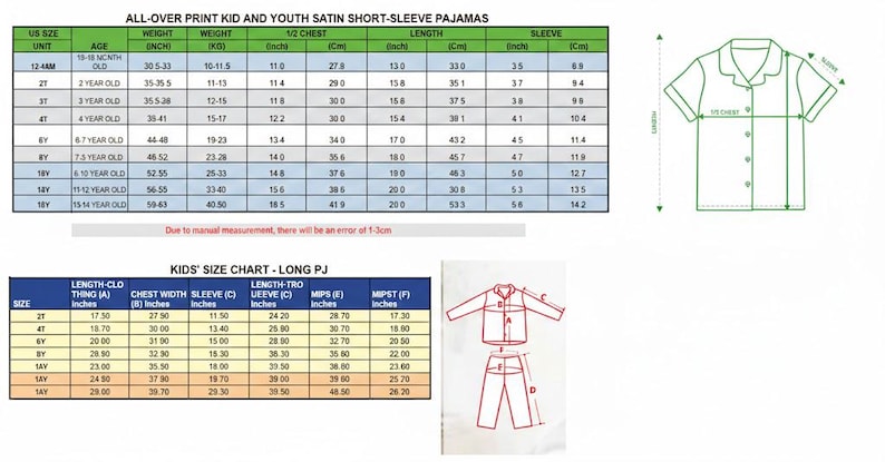 May include: Size charts for kids' satin short-sleeve pajamas and long pajamas. The charts include measurements in inches for length, chest width, sleeve, and waist, along with age and weight ranges.