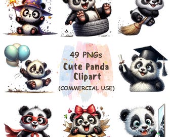 Watercolor Panda Clipart Bundle | 49 Funny PNGs (Digital Download)