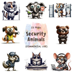 May include: A digital art image featuring cartoon security animals. The image includes a tiger, elephant, bear, dog, wolf, cat, and mouse, each dressed in security attire. The image also includes the text "23 PNGs Security Animals (Commercial Use)".