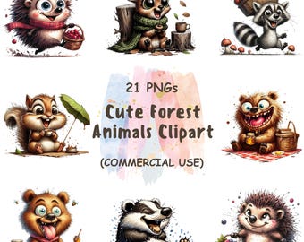 Watercolor Forest Animals Clipart: Woodland Nursery Decor (Digital Download, PNG Bundle, Commercial Use