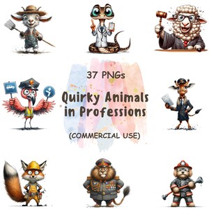 May include: A collection of 37 PNG images featuring quirky animals in various professions. The illustrations include a goat farmer, a snake doctor, a sheep judge, a flamingo traffic officer, a giraffe businessman, a fox construction worker, a lion general, and a dog firefighter.