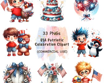 Patriotic 4th of July Clipart Bundle: Watercolor Animals, Flags (Digital Download, Commercial Use PNGs)