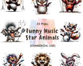 Funny Music Star Animal Clipart – 23 PNGs for Commercial Use (Digital Download)