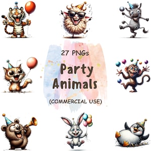 May include: A digital graphic featuring various cartoon party animals, including a tiger, sheep, zebra, cat, monkey, bear, rabbit, and penguin. Each animal is wearing a party hat and holding balloons or a horn. The text "Party Animals" is displayed.