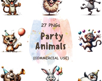 Party Animals Clipart Bundle: Watercolor Safari Animals, Birthday PNG (Digital Download, Commercial Use)