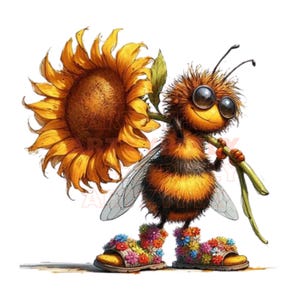 May include: A whimsical illustration of a bee holding a large sunflower. The bee has a fuzzy, brown body with black and yellow stripes, large eyes, and is wearing sandals adorned with colorful flowers. The sunflower is yellow and brown.
