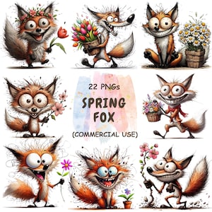Peut inclure: Une collection de neuf illustrations de renards de dessins animés dans diverses poses, tenant des fleurs et des paniers. Les renards sont orange et blancs avec des traits exagérés. Le texte "22 PNGs SPRING FOX (COMMERCIAL USE)" est affiché.