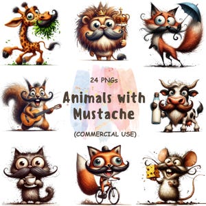May include: A collection of cartoon animal illustrations, each sporting a large mustache. The animals include a giraffe, lion, fox, squirrel, cow, cat, and mouse. The text "Animals with Mustache" is displayed with "24 PNGs" and "(COMMERCIAL USE)".