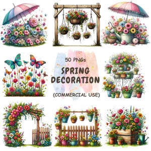 Pode incluir: Uma coleção de ilustrações em aquarela com decorações de primavera. As imagens incluem arranjos florais em cestos, vasos suspensos e cenas de jardim com borboletas e guarda-chuvas. Texto: "50 PNGs SPRING DECORATION (COMMERCIAL USE)".