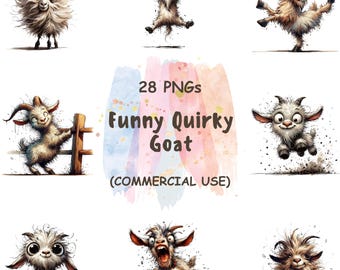 Może przedstawiać: Zestaw 28 obrazów PNG z ilustracjami kapryśnych kóz. Obrazy przedstawiają różne pozy i wyrażenia, z tekstem "Funny Quirky Goat" i "(COMMERCIAL USE)" na tle akwareli.