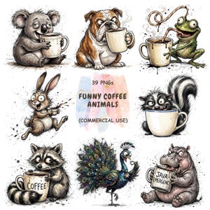 Peut inclure: Une collection numérique de 39 illustrations PNG représentant des animaux amusants buvant du café, dont un koala, un bouledogue, une grenouille, un lapin, une mouffette, un raton laveur, un paon et un hippopotame. Le texte indique 39 PNGs FUNNY COFFEE ANIMALS (COMMERCIAL USE).