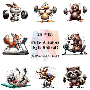 Puede incluir: Una colección de animales de gimnasio de dibujos animados, incluyendo un conejo levantando pesas, un pato levantando pesas, un castor en una máquina de remo y un zorro en una cinta de correr. La imagen incluye el texto "25 PNGs Cute & Funny Gym Animals (COMMERCIAL USE)".