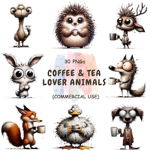 Coffee Animals Clipart – 30 PNG Cafe Illustrations (Digital Download, Commercial Use)