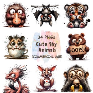 Clipart verlegen dieren – 34 png-bestanden – schattige blozende safaridierengezichten – aquarel cartoon emoties | Digitale download | Commercieel gebruik