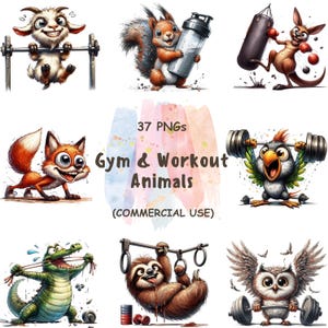 May include: A collection of cartoon animals engaged in gym and workout activities. The image features a goat lifting weights, a squirrel with a shaker bottle, a kangaroo boxing, a fox, a parrot lifting weights, a crocodile, a sloth, and an owl lifting weights. Text reads "Gym & Workout Animals".