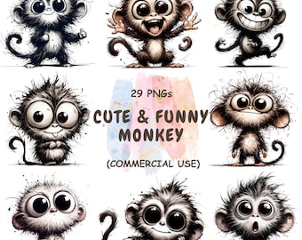 Watercolor Monkey Clipart – Playful Jungle Animals, Nursery Art (Digital Download, Commercial Use)