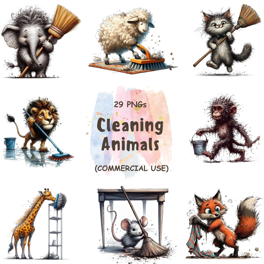 29 Cleaning Animals Clipart Bundle - Cute Housekeeping Animal PNG ...