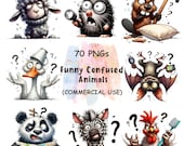 Funny Confused Animals Clipart: Watercolor Reaction Stickers (Digital Download, Commercial Use, 70 PNGs)