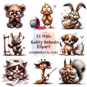 Guilty Animals Clipart – 33 PNG – Urocze twarze i wyrazy zwierząt – Akwarelowe kreskówki Clipart | Pobieranie cyfrowe | Użytek komercyjny