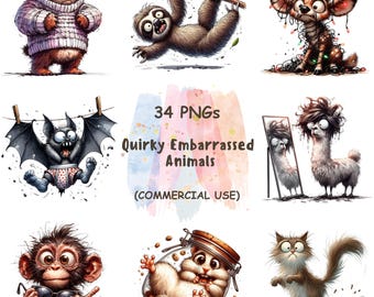 May include: A collection of 34 PNG images featuring quirky and embarrassed animals. The images include a bear in a sweater, a sloth on a branch, a deer with tangled lights, a bat in underwear, a llama, a monkey with sunglasses, a hamster in a jar, and a cat.