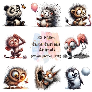 Curious Animals Clipart – 32 PNG - Cute Animal Faces & Expressions - Safari Animals - Watercolor Cartoon | Digital Download | Commercial Use