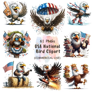 61 Clipart PNG di aquila calva / Uccello nazionale degli Stati Uniti / Fumetto patriottico del 4 luglio / Sublimazione ad acquerello / Stampe digitali / Uso commerciale